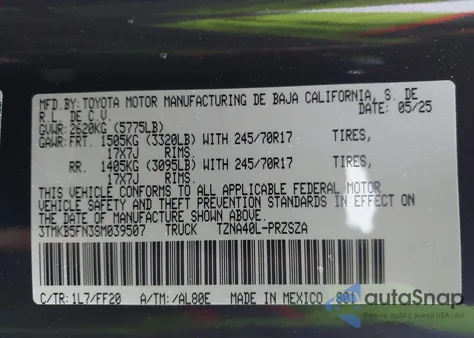 2025 Toyota Tacoma Sr5 from USA, damaged, VIN 3TMKB5FN3SM039507